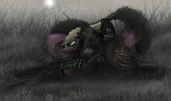 Size: 4000x2350 | Tagged: safe, artist:imthecasual, fluttershy, pegasus, pony, camouflage, fog, ghillie suit, gun, headset, mechanical hands, military, reflection, rifle, sniper, snipershy, solo, water, weapon