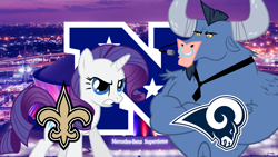 Size: 1920x1080 | Tagged: safe, artist:90sigma, artist:kyute-kitsune, iron will, rarity, pony, unicorn, american football, los angeles rams, new orleans saints, nfc, nfc championship, nfl, nfl playoffs, sports, vector
