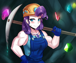 Size: 800x667 | Tagged: safe, artist:tzc, rarity, equestria girls, anime, clothes, commission, female, geode of shielding, hard hat, helmet, magical geodes, miner, muscles, overalls, pickaxe, ripped rarity, safety helmet, smiling, solo