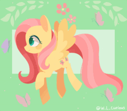 Size: 800x700 | Tagged: dead source, safe, artist:louderpony, fluttershy, butterfly, pegasus, pony, abstract background, animated, blinking, colored pupils, ear fluff, flapping, floating, flower, gif, looking at something, looking away, raised hoof, signature, smiling, solo, spread wings