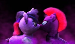 Size: 1167x685 | Tagged: safe, artist:ejlightning007arts, derpibooru import, tempest shadow, twilight sparkle, build-a-bear, female, kissing, lesbian, plushie, shipping, smoke, tempestlight, wallpaper