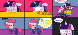 Size: 1520x694 | Tagged: safe, artist:logan jones, adagio dazzle, pinkie pie, twilight sparkle, twilight sparkle (alicorn), alicorn, earth pony, pony, siren, bed, bloodshot eyes, clothes, comic, mind control, old art, pajamas, plankton, possessed, sheldon j. plankton, sleeping, spongebob squarepants