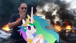 Size: 1280x720 | Tagged: artist needed, safe, artist:pecachpictures, princess celestia, human, pony, car, fire, hands covering mouth, irl, irl human, photo, ponies in real life, smoke