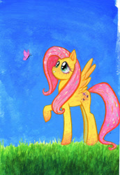 Size: 934x1360 | Tagged: safe, artist:wormologist, fluttershy, butterfly, pegasus, pony, gouache, grass, looking at something, looking up, raised hoof, solo, spread wings, traditional art