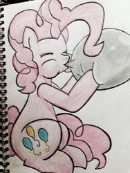 Size: 2448x3264 | Tagged: safe, artist:monkeytsu, pinkie pie, earth pony, pony, balloon, blowing, blowing up balloons, eyes closed, female, mare, solo, traditional art