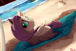 Size: 1800x1200 | Tagged: safe, artist:miokomata, fluttershy, pegasus, pony, beach, beach towel, beach umbrella, blushing, cute, cute little fangs, dutch angle, fangs, female, looking at you, looking back, looking over shoulder, mare, shyabetes, signature, solo