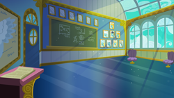 Size: 1136x640 | Tagged: safe, derpibooru import, blaze, fleetfoot, lightning streak, misty fly, rainbow dash, silver lining, silver zoom, soarin', spitfire, background, chair, chalkboard, classroom, gameloft, indoors, no pony, resource, window