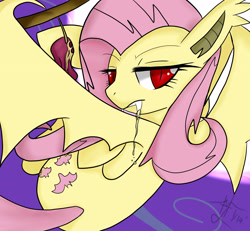 Size: 2700x2500 | Tagged: safe, artist:yoichi-hayabusa, fluttershy, bat pony, pony, dried apple, fangs, flutterbat, looking at you, looking back, looking over shoulder, race swap, red eyes, solo