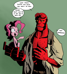 Size: 1350x1500 | Tagged: safe, artist:artguydis, pinkie pie, earth pony, pony, crossover, duo, gradient background, green background, hellboy, speech bubble