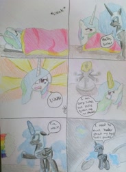 Size: 3063x4160 | Tagged: safe, artist:prinrue, nightmare moon, princess celestia, princess luna, alicorn, pony, april fools joke, bed, clothes, comic, costume, elements of harmony, glowing horn, moon, prank, raised hoof, scared, sleeping, traditional art