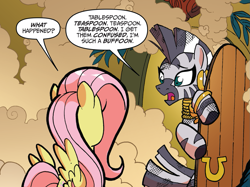 Size: 1365x1022 | Tagged: safe, artist:tonyfleecs, idw, fluttershy, zecora, pegasus, pony, zebra, friends forever, spoiler:comic, spoiler:comicff5, cropped, duo, ear piercing, earring, everfree forest, female, jewelry, leg rings, mare, neck rings, official comic, piercing, smoke, speech bubble, zecora's hut