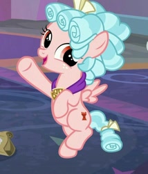Size: 612x715 | Tagged: safe, screencap, cozy glow, pegasus, pony, school raze, bag, cozybetes, cropped, cute, daaaaaaaaaaaw, female, filly, flying, freckles, open mouth, pure concentrated unfiltered evil of the utmost potency, pure unfiltered evil, raised hoof, raised leg, smiling, solo, spread wings, underhoof, weapons-grade cute, wings