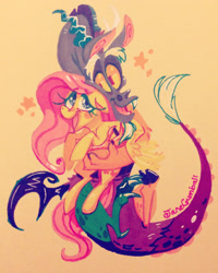 Size: 1280x1600 | Tagged: safe, artist:janegumball, discord, fluttershy, pegasus, pony, discoshy, female, floppy ears, happy, hug, male, mare, shipping, straight, traditional art