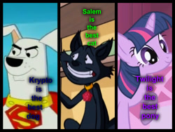 Size: 1024x768 | Tagged: safe, derpibooru import, edit, edited screencap, screencap, twilight sparkle, the ticket master, crossover, image macro, krypto, krypto the superdog, meme, obligatory pony, pizap, purple text, sabrina the teenage witch, salem, salem saberhagen, text