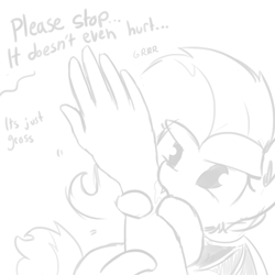 Size: 792x792 | Tagged: safe, artist:tjpones, fluttershy, bat pony, human, pony, biting, cute, dialogue, disembodied hand, drool, fangs, flutterbat, grayscale, hand, monochrome, nom, offscreen character, race swap, shyabates, shyabetes, simple background, spread wings, tjpones is trying to murder us, white background