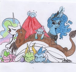 Size: 784x742 | Tagged: safe, artist:kuroneko, derpibooru exclusive, barry, ocellus, princess celestia, princess ember, princess luna, smarty pants, spike, thorax, alicorn, changedling, changeling, dragon, pony, adorabarry, blanket, colored pencil drawing, cute, doll, dragoness, drool, embrax, eyes closed, female, glowing horn, interspecies, king thorax, magic, male, mare, on back, pillow, shipping, simple background, sleeping, straight, telekinesis, toy, traditional art, uwu, white background