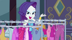 Size: 1920x1080 | Tagged: safe, screencap, rarity, better together, equestria girls, street chic, clothes rack, cute, eyeshadow, female, geode of shielding, lidded eyes, looking at you, magical geodes, makeup, open mouth, raribetes, smiling, solo, talking, window