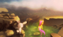 Size: 964x571 | Tagged: safe, artist:lmgchikess, angel bunny, fluttershy, pegasus, pony, abstract, duo, looking away, rear view, sunrise