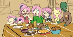 Size: 2158x1095 | Tagged: safe, artist:mt, fluttershy, oc, oc:anon, oc:fauna, oc:flora, oc:ivy, oc:thorn, oc:timber, human, pony, satyr, blushing, cooked, dead, family photo, father, female, food, ham, heart, male, mare, married couple, meat, mother, offspring, parent:anon, parent:fluttershy, parent:oc:anon, siblings, sleeping, texting, thanksgiving, turkey, twins