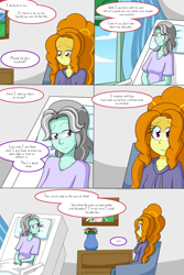 Size: 1050x1575 | Tagged: safe, artist:jake heritagu, adagio dazzle, oc, oc:misty breeze, comic:aria's archives, comic:nursing home, equestria girls, bust, chair, clothes, comic, curtains, dialogue, female, flower, mother and child, mother and daughter, offspring, older, parent and child, parent:adagio dazzle, portrait, speech bubble, vase, window