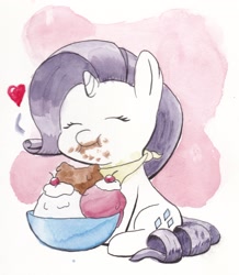 Size: 1905x2189 | Tagged: safe, artist:lost marbles, rarity, pony, unicorn, abstract background, bowl, cherry, chibi, cute, eating, eyes closed, food, heart, ice cream, messy eating, raribetes, sitting, smiling, solo, this will end in weight gain, traditional art
