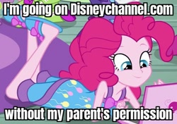 Size: 527x372 | Tagged: safe, edit, edited screencap, screencap, pinkie pie, equestria girls, rainbow rocks, caption, clothes, computer, cropped, disney channel, image macro, laptop computer, outfit catalog, pajamas, pure unfiltered evil, sleeveless, slippers, solo, text