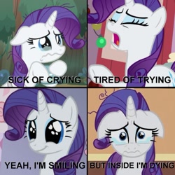 Size: 567x567 | Tagged: safe, editor:pony-berserker, rarity, pony, unicorn, crying, dead inside, depression, floppy ears, meme, sad, sick of crying, smiling