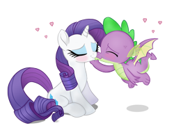 Size: 2407x1768 | Tagged: safe, artist:invisibleink, rarity, spike, dragon, pony, unicorn, blushing, cute, female, flying, kissing, male, movie accurate, shipping, sparity, straight, winged spike