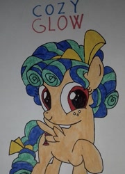 Size: 425x590 | Tagged: safe, artist:electric spark, cozy glow, pegasus, pony, bow, cozybetes, cute, female, filly, foal, hair bow, looking at you, one hoof raised, pure concentrated unfiltered evil of the utmost potency, pure unfiltered evil, simple background, smiling, smiling at you, tail bow, text, traditional art, white background