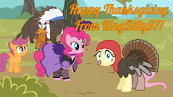 Size: 771x434 | Tagged: safe, artist:kingbilly97, chief thunderhooves, fluttershy, little strongheart, pinkie pie, scootaloo, earth pony, pegasus, pony, clothes, costume, saloon dress, saloon pinkie, thanksgiving, turkey, turkey costume