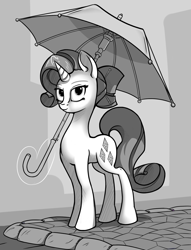 Size: 1300x1699 | Tagged: safe, artist:hc0, rarity, pony, unicorn, glowing horn, magic, monochrome, smiling, solo, street, telekinesis, umbrella