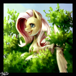 Size: 2200x2200 | Tagged: safe, artist:shisorus, fluttershy, tree top, pegasus, pony, open mouth, prone, smiling, solo, tree