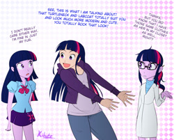 Size: 772x620 | Tagged: safe, artist:kibate, derpibooru import, sci-twi, twilight sparkle, twilight sparkle (alicorn), alicorn, human, equestria girls, rainbow rocks, dialogue, humanized, multeity, self ponidox, sparkle sparkle sparkle, twolight