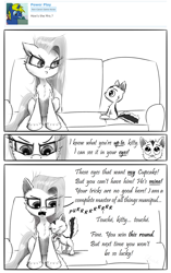 Size: 2381x3787 | Tagged: safe, artist:chopsticks, derpibooru import, pinkie pie, cat, earth pony, pony, comic:wtb is this?, cheek fluff, chest fluff, comic, cuddling, cute, ear fluff, female, glare, grayscale, hoof fluff, kitten, looking at each other, male, monochrome, pinkamena diane pie, pure unfiltered evil, purring, simple background, sofa, unamused