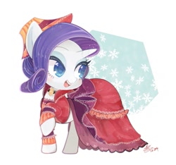 Size: 961x900 | Tagged: safe, artist:sibashen, rarity, pony, unicorn, bedroom eyes, clothes, dress, female, hat, mare, simple background, smiling, snow, snowflake, solo