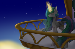 Size: 4599x3001 | Tagged: safe, artist:vicakukac200, princess celestia, alicorn, pony, balcony, female, glowing horn, mare, missing accessory, morning ponies, solo, twilight (astronomy)