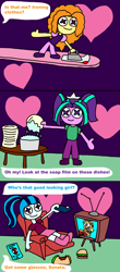 Size: 1423x3240 | Tagged: safe, artist:blackrhinoranger, adagio dazzle, aria blaze, sonata dusk, equestria girls, animatronic, burger, chair, clothes, comic, dazzle-eds, dishes, doll, ed edd n eddy, food, hamburger, heart, honor thy ed, iron, leni loud, shirt, skirt, sock, sonataco, speech bubble, spider-man, t-shirt, table, taco, television, the dazzlings, the incredibles, the loud house, toy