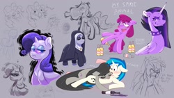 Size: 1920x1080 | Tagged: safe, artist:another_pony, derpibooru import, berry punch, berryshine, dj pon-3, octavia melody, pinkie pie, princess celestia, princess luna, rainbow dash, rarity, vinyl scratch, oc, alicorn, earth pony, pegasus, pony, unicorn, alcohol, alternate hairstyle, doodles, drunk, female, goth, lesbian, punklestia, scratchtavia, shipping, sketch, sketch dump