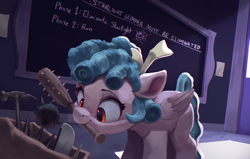 Size: 4000x2550 | Tagged: safe, artist:vanillaghosties, cozy glow, pegasus, pony, atg 2020, bag, chalkboard, chromatic aberration, cozybetes, cute, door, evil, female, filly, hammer, high res, implied murder, implied starlight glimmer, mace, mouth hold, newbie artist training grounds, pure concentrated unfiltered evil of the utmost potency, pure unfiltered evil, saw, sawblade, solo, spiked club, this will end in death, this will end in tears, weapon