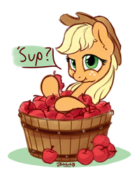 Size: 1100x1400 | Tagged: safe, artist:bobdude0, applejack, earth pony, pony, apple, barrel, bite mark, dialogue, eating, food, solo