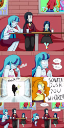 Size: 2000x4000 | Tagged: safe, artist:jake heritagu, adagio dazzle, chancellor neighsay, sonata dusk, oc, oc:dolly dusk, comic:aria's archives, equestria girls, breasts, cleavage, clothes, comic, dialogue, drink, equestria girls-ified, female, five nights at freddy's, food, glowing eyes, infidelity, male, midriff, offspring, parent:chancellor neighsay, parent:sonata dusk, pizza, pizzeria, poster, red eyes take warning, see-through, see-through shirt, silhouette, skirt, speech bubble, this will end in death, this will end in pain, this will end in tears and/or death, this will not end well, toy freddy, tube top, vulgar