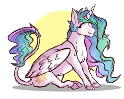 Size: 2000x1600 | Tagged: safe, artist:canisrettmajoris, princess celestia, alicorn, classical unicorn, pony, unicorn, chest fluff, cloven hooves, cute, cutelestia, leonine tail, missing accessory, solo, unshorn fetlocks