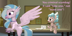 Size: 1920x978 | Tagged: safe, artist:red4567, cozy glow, silverstream, pegasus, pony, 3d, atg 2020, cookie, even evil has standards, food, greedy, newbie artist training grounds, pure unfiltered evil, quotes, source filmmaker, this will end in colic