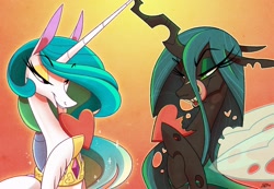 Size: 1280x886 | Tagged: safe, artist:probablyfakeblonde, princess celestia, queen chrysalis, alicorn, changeling, changeling queen, pony, bedroom eyes, duo, eating, female, heart, holes, licking, licking lips, mare, orange background, simple background, tongue out, wings