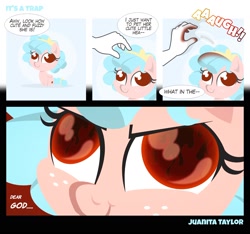 Size: 2000x1875 | Tagged: safe, artist:jalapenoflower, cozy glow, pegasus, pony, atg 2020, burned, comic, cozybetes, cute, dialogue, disembodied hand, female, filly, fire, hand, newbie artist training grounds, no pupils, offscreen character, offscreen human, onomatopoeia, pure concentrated unfiltered evil of the utmost potency, pure unfiltered evil, speech bubble, wingding eyes
