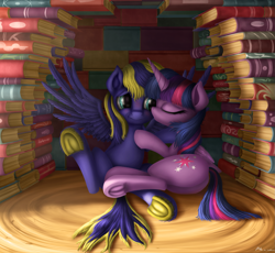 Size: 1753x1616 | Tagged: safe, artist:neko-me, derpibooru import, twilight sparkle, twilight sparkle (alicorn), oc, oc:zephyr, alicorn, pegasus, pony, blushing, book, book fort, canon x oc, eyes closed, female, hug, kissing, male, mare, on side, plot, shipping, smiling, spread wings, straight, twiphyr, underhoof, unshorn fetlocks