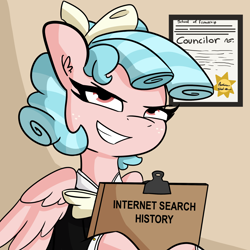Size: 2250x2250 | Tagged: safe, artist:tjpones, cozy glow, pegasus, pony, clipboard, female, freckles, grin, internet history, mare, older, older cozy glow, pure concentrated unfiltered evil of the utmost potency, pure unfiltered evil, school of friendship, smiling, solo, uh oh