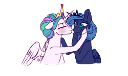 Size: 1023x614 | Tagged: safe, artist:albinnada, princess celestia, princess luna, alicorn, pony, alternate hairstyle, blushing, crown, duo, eyes closed, female, heart, jewelry, kissing, kissy face, mare, missing accessory, platonic kiss, regalia, s1 luna, siblings, simple background, sisterly love, sisters, smiling, tiara, transparent background