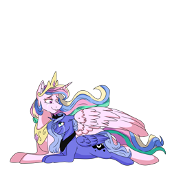 Size: 1024x1024 | Tagged: safe, artist:albinnada, princess celestia, princess luna, alicorn, pony, alternate hair color, crying, cutie mark, duo, female, happy, jewelry, looking at each other, mare, regalia, royal sisters, s1 luna, simple background, transparent background