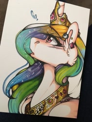 Size: 960x1280 | Tagged: safe, artist:nightmare-moons-throneroom, princess celestia, alicorn, pony, ear fluff, ear piercing, earring, ethereal mane, female, jewelry, looking up, mare, piercing, regalia, solo, starry mane, traditional art